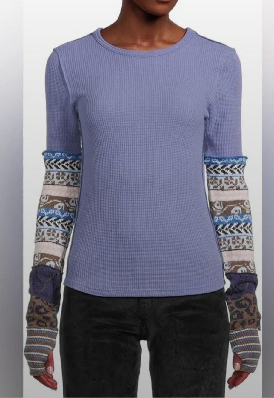EUC Free People Blue Waffle Knit Long Sleeve Top with Patterned Sleeves | Size S